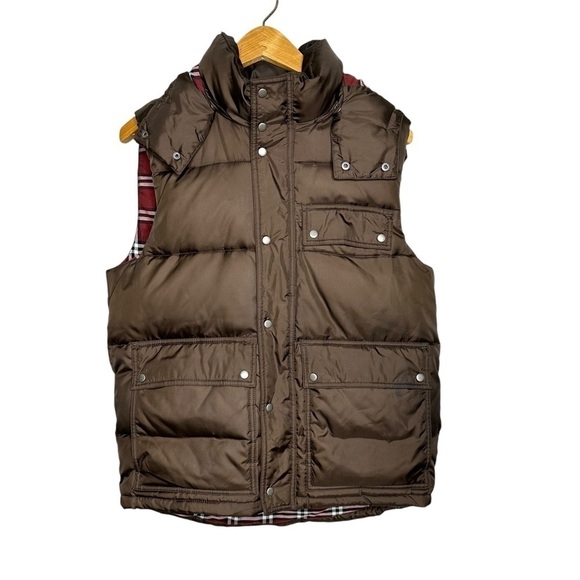 GAP Brown Puffer Vest Sleeveless Zip Up Snap Closure Hooded Size Small - Picture 1 of 6